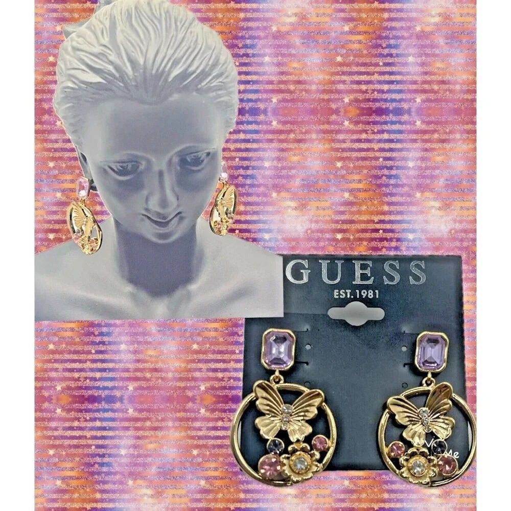 Guess Butterfly Lilac-Pink Accent Stones Gold-Tone Front Facing Hoop Earrings